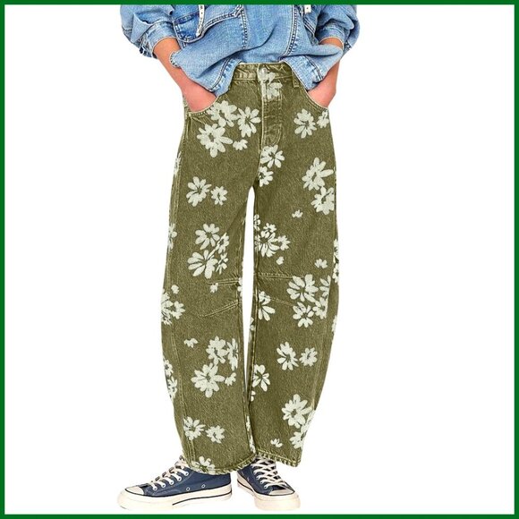 Denim - Distressed Barrel Jeans Baggy Wide Leg Floral Printed Patchwork Denim Pants